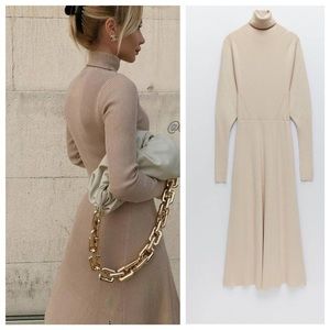 Zara Long Knit Dress High Neck Long Sleeve Ecru